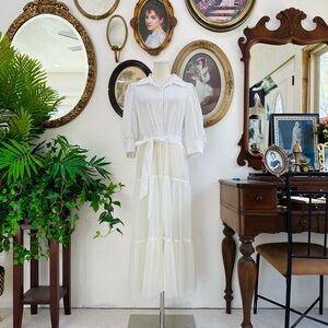 Elegant White Maxi Shirt Dress with Tie Waist